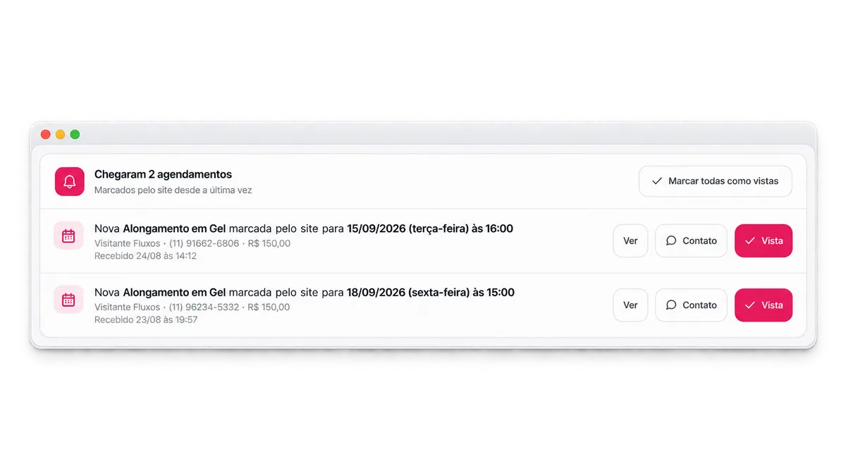 Avisos de agendamentos novos feitos pelo site, com data, horário e valor
